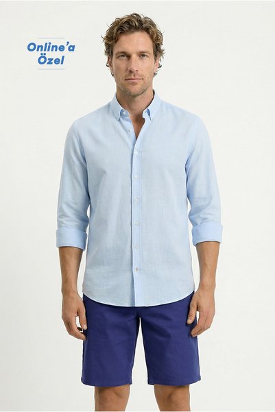 Long Sleeve Regular Fit Buttoned Collar Sporty Cotton Breathable Linen Look Shirt