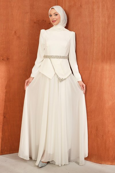 Ecru Stone Detailed Belted Evening Dress
