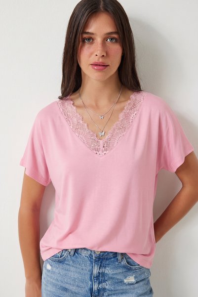 Lace Detailed Viscose Blouse Lrn0049 Pink