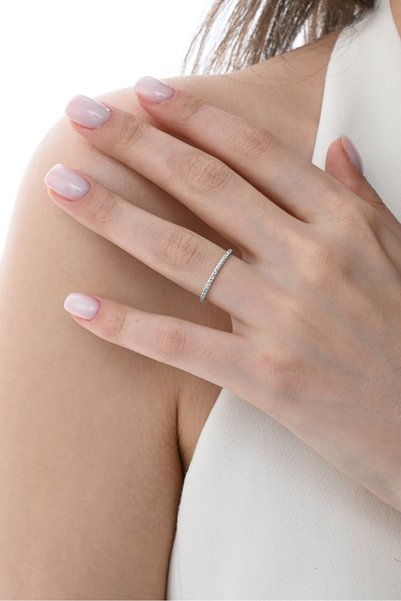 925 Sterling Silver Ring White Gold Rhodium Plated Half Round Zircon Stone Thin Ring