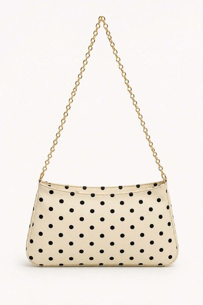 Cream Polka Dot Women's Chain Strap Polka Dot Shoulder Bag – Stylish Baguette Bag Suitable for Daily Use