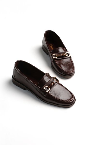 Women's Brown Leather Women's Loafer Comfortable Buckle Detailed Daily Ballet Flats