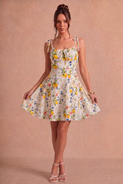 Lemon and Floral Patterned Dress with Tie Detail