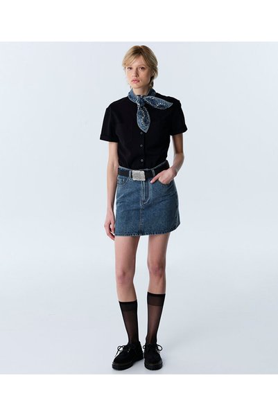 TIE-NECK DENIM MIX DRESS