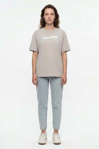 New Women's Oversize Printed Crew Neck T-Shirt Stone