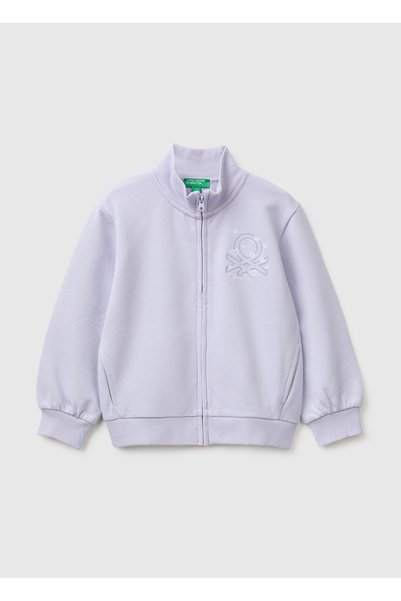 Girl's Lilac Front Embroidered Ribbed High-Neck Zippered Stand-Up Collar Sweatshirt
