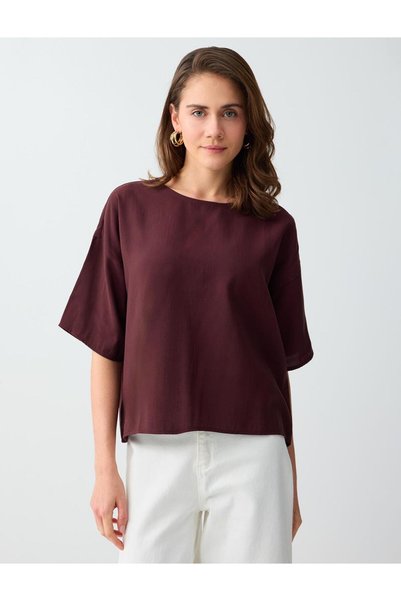 Burgundy Relaxed Fit Short Sleeve Round Neck Woven Blouse