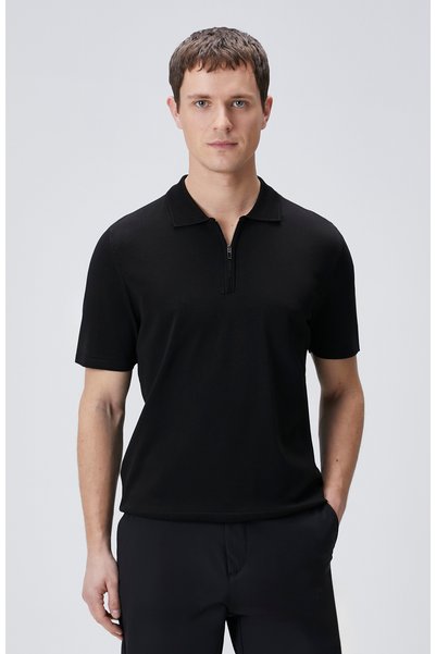 Black Polo Sweater with Hidden Zipper