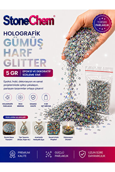 Холографски сребрени букви со светки 5 gr
