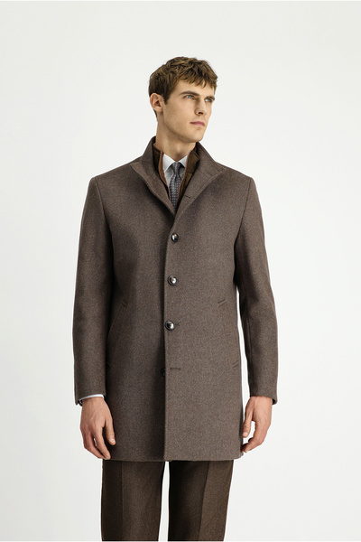 Mock Neck Çıkma Mostra Pocketed Wool Piece Classic Coat