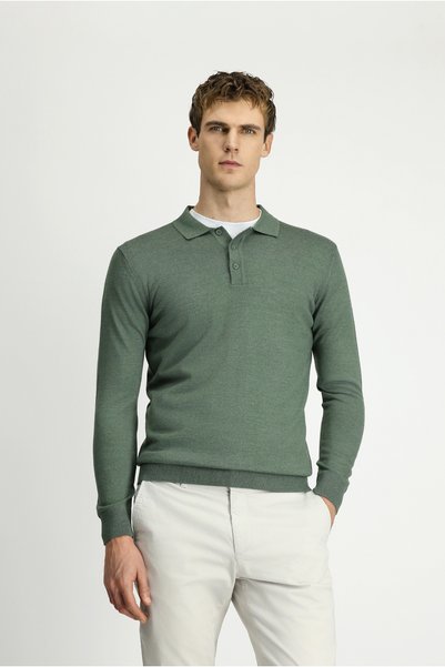 Polo Neck Buttoned Regular Fit Warm Wool Knit Sweater