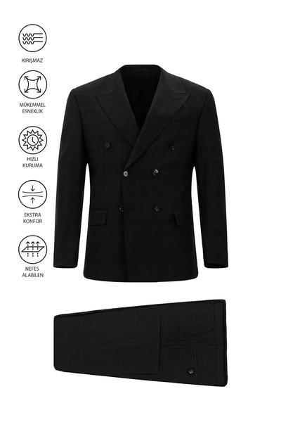 6 Drop Regular Fit Standard Cut Flex Suit Woolen Plaid Double-Breasted Suit with Bag