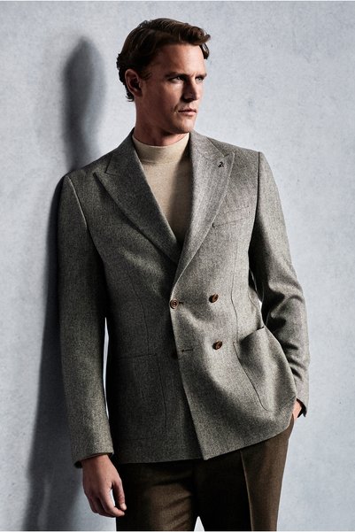 6 Drop Regular Fit Standard Cut Patterned Woolen Double-Breasted Jacket