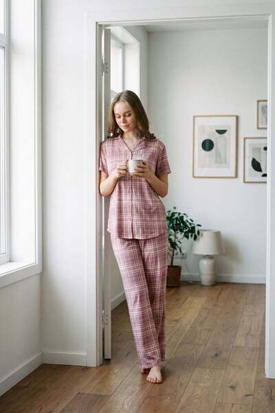 Shirt Collar Front Button Pajama Set Pink-512196