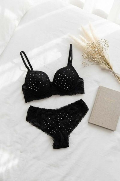 Stoned Lace Supported Bra Set Black