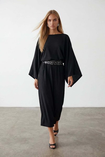 Women's black batwing sleeve ruched waist belted dress alc-x15525