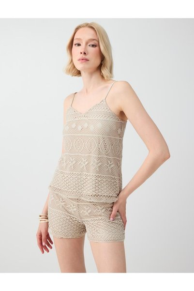 Stone Open Collar Strap Openwork Blouse