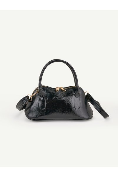 Wrinkled Textured Black Shk303 Faux Leather, Zippered, Long Strap, Hand, Arm and Shoulder Bag