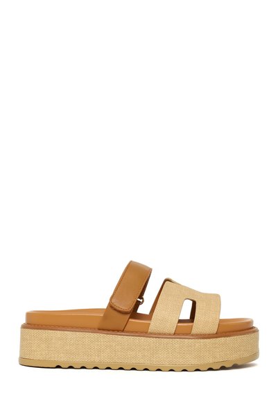 Women's Beige Strappy Thick Soled Slippers 26Sfe463114