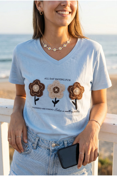 Blue V-Neck Beaded Embroidered 100% Cotton T-Shirt