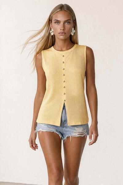 Yellow Crew Neck Viscose Blouse with Gold Buttons Alc-X15553