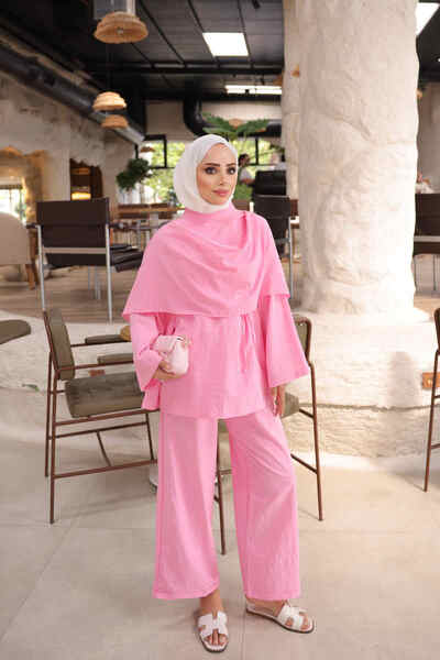 Pink Shawl Detailed Tunic and Trousers Set