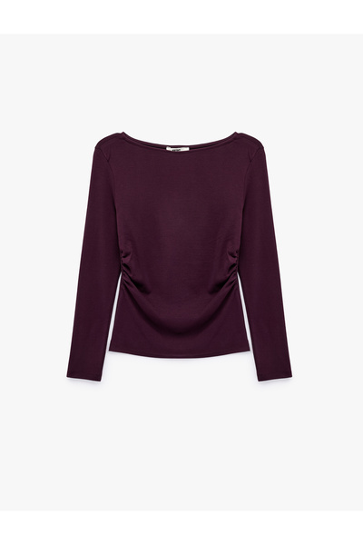 Slim Fit Long Sleeve T-Shirt with Drawstring Detail and Round Boat Neckline