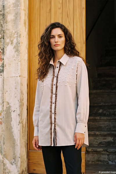 Pearl Detail Striped Organza Fabric Shirt 19573 Beige