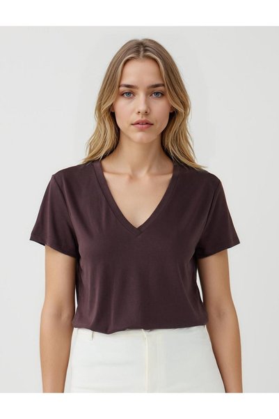 Brown Straight Cut V-Neck Short Sleeve Basic Knitted T-Shirt
