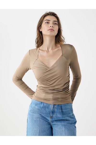 Mink Slim Fit Asymmetric Neck Long Sleeve Knitted Blouse