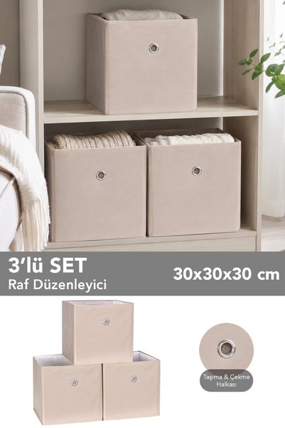 3-Piece In-Cabinet Organizer - Toy and Clothing Storage Shelf Organizer Basket 30X30X30 cm Beige