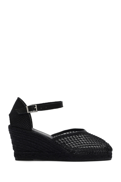 Women's Black Ankle Buckle Wedge Heeled Shoes Espadrille Sandals 25Sfd207314