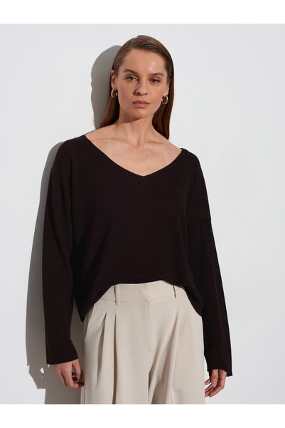 10869 V-Neck Draped Sweater-Dark Brown