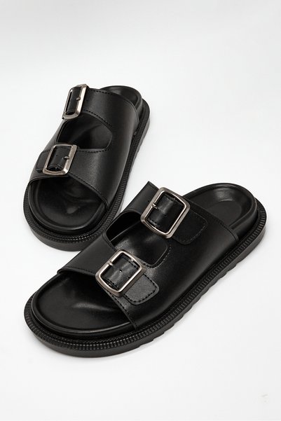Women's Black Leather Comfortable Fit Double Buckle Non-Slip Slippers
