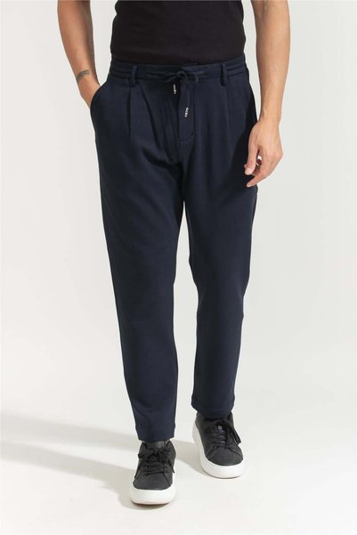 Men's Pleated Comfortable Trousers with Lace-Up Waist - Navy Blue
