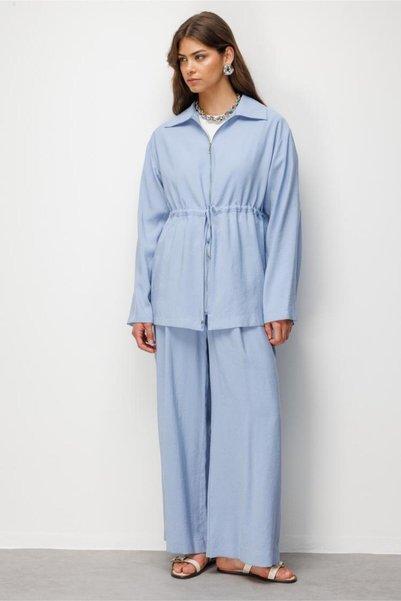 Zipper Detailed Modal Textured Blue Tunic