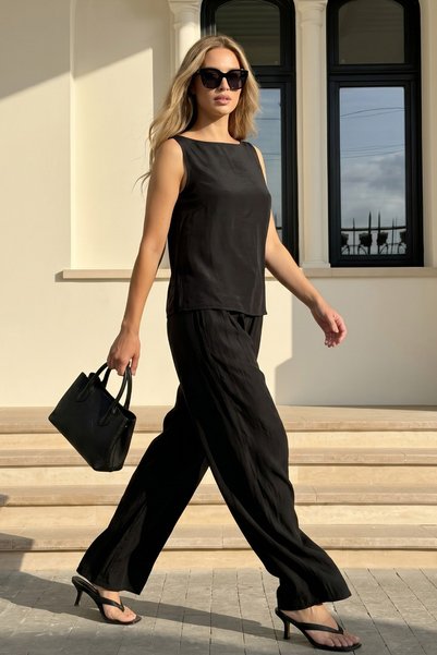 Black Thick Strap Blouse Elastic Waist Pants Woven Modal Top-Bottom Set 8051