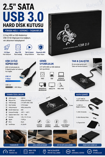 2.5" USB 3.0 SATA надворешно куќиште за хард диск, SSD HDD кутија, поддржува 3TB, пренос на податоци 6Gbps