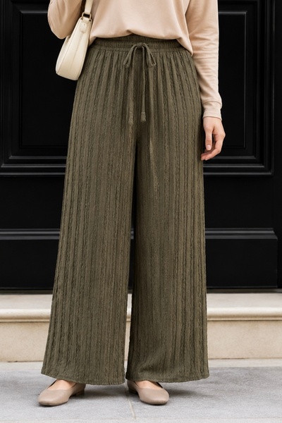 Khaki Elastic Waist Wide Leg Seersucker Trousers