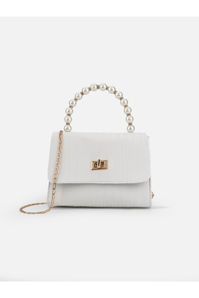 White Shk329 Pearl Handle, Textured, Chain Strap, Lockable, Women's Evening Dress, Hand, Arm and Shoulder Bag