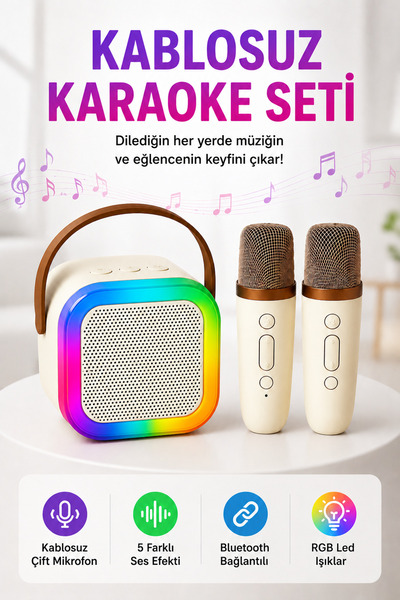 Bluetooth караоке звучник со два безжични микрофони 5 звучни ефекти и RGB LED светло