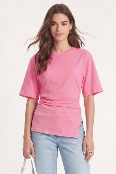 Women's Pam 100% Cotton Gathered Asymmetrical Knitted Pink Blouse