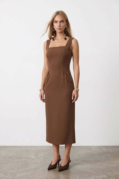Women's Brown Thick Strap Slit Cape Detailed Zippered Woven Dress Alc-X15574