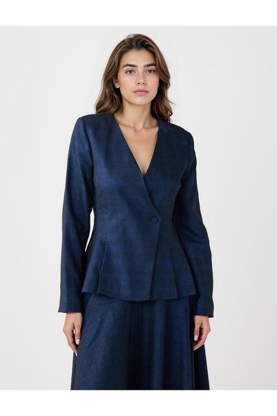 Navy Blue Slim Fit Plaid Pattern Woven Jacket