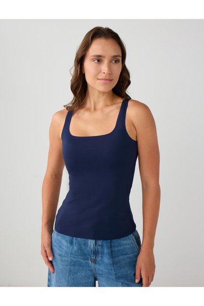 Navy Blue Slim Fit Strappy Square Neck Knitted Blouse