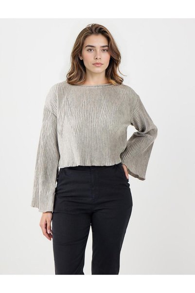 Beige Relaxed Fit Boat Neck Soft Textured Knitted Blouse