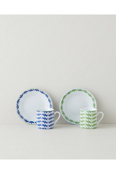 Nixie Flowery Porcelain 12 Piece 6 Person Coffee Cup Set 80 ml Green-Blue