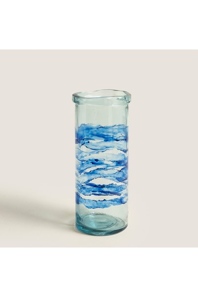 Waves Cylindrical Glass Lantern Blue (15X15X36Cm) Natural