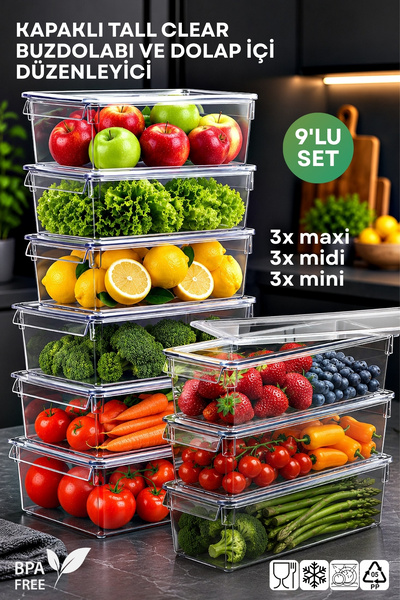 Set of 9 Tall Clear Refrigerator & Cabinet Organizer with Cover