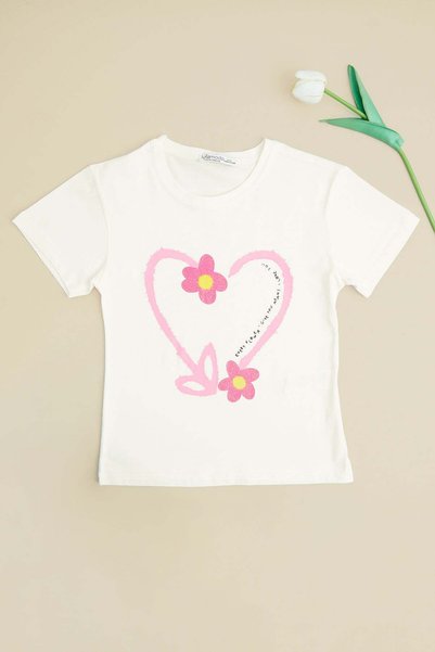 Heart and Flower Printed Girl's T-Shirt